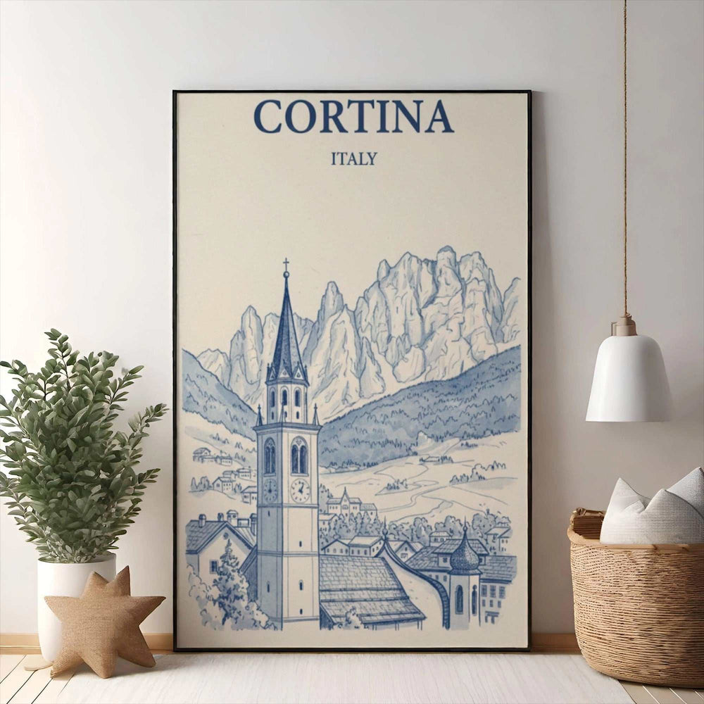 Wadi Home Cortina Italy blue and white sketch artwork of a mountain village with a church steeple and peaks.