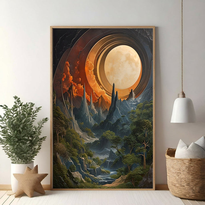 Wadi Home cosmic landscape print with ringed planet, alien mountains, lush forests, and waterfalls. Vibrant orange sky.