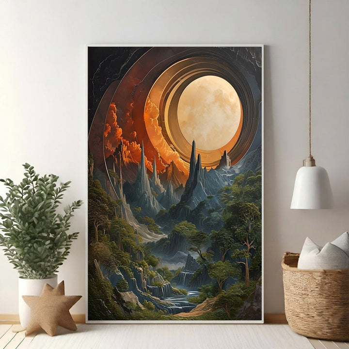 Wadi Home cosmic mountain landscape print with ringed planet, orange sky, alien mountains, lush forests, and waterfalls.