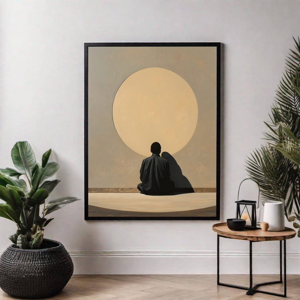 Wadi Home couple embracing under a large sun, minimalist wall art with muted colors, symbolizing unity and intimacy.