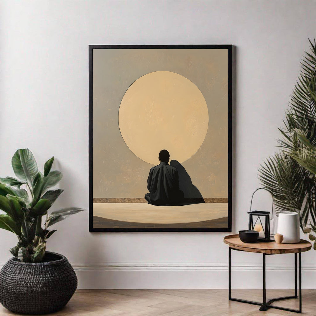 Wadi Home couple embracing under a large sun, minimalist wall art with muted colors, symbolizing unity and intimacy.