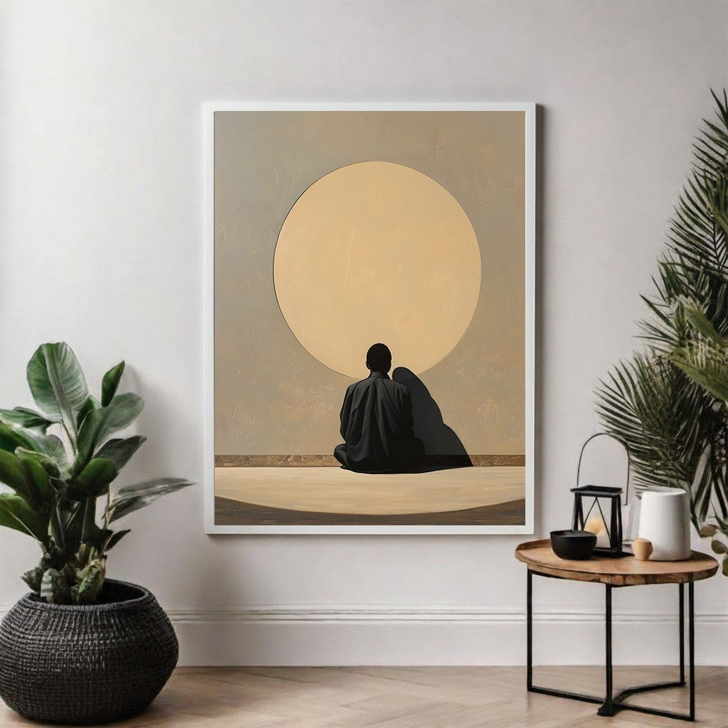 Wadi Home couple embracing under a large yellow sun, minimalist wall art, muted tones, modern elegance.