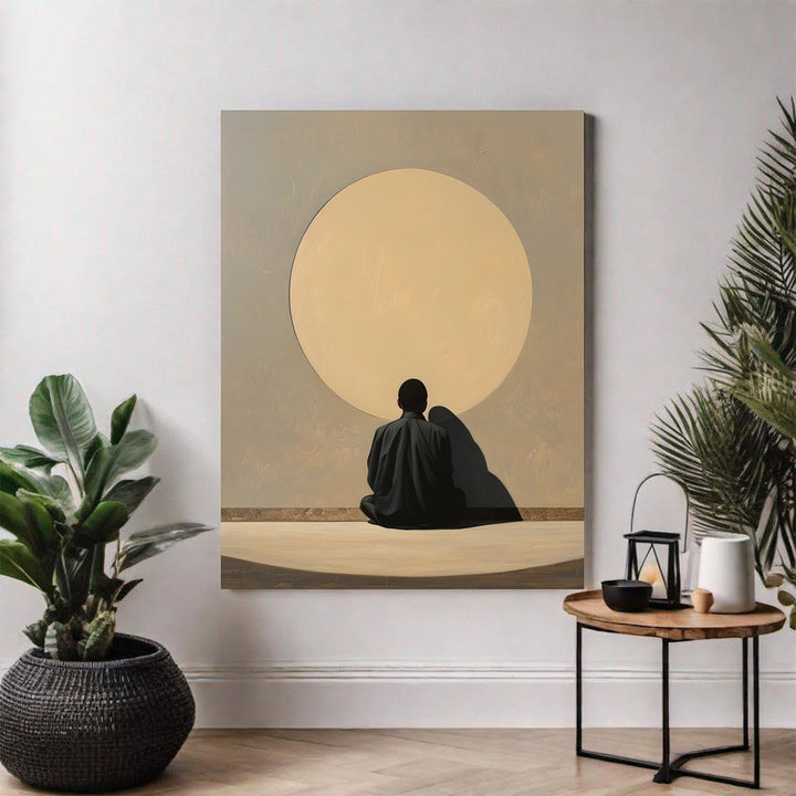 Wadi Home couple embracing silhouetted against a large, muted yellow sun. Minimalist wall art.