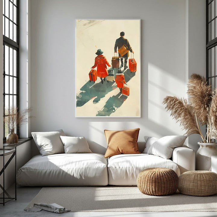 Wadi Home couple with luggage wall art, vibrant colors, modern abstract style, evokes travel and adventure.