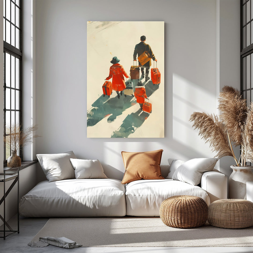 Wadi Home couple with luggage wall art, featuring a couple in red coats walking with orange luggage, abstract style.