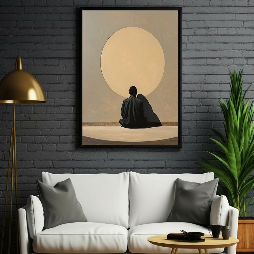 Wadi Home framed wall art of a silhouetted couple sitting under a large, pale moon. Minimalist design with muted tones.