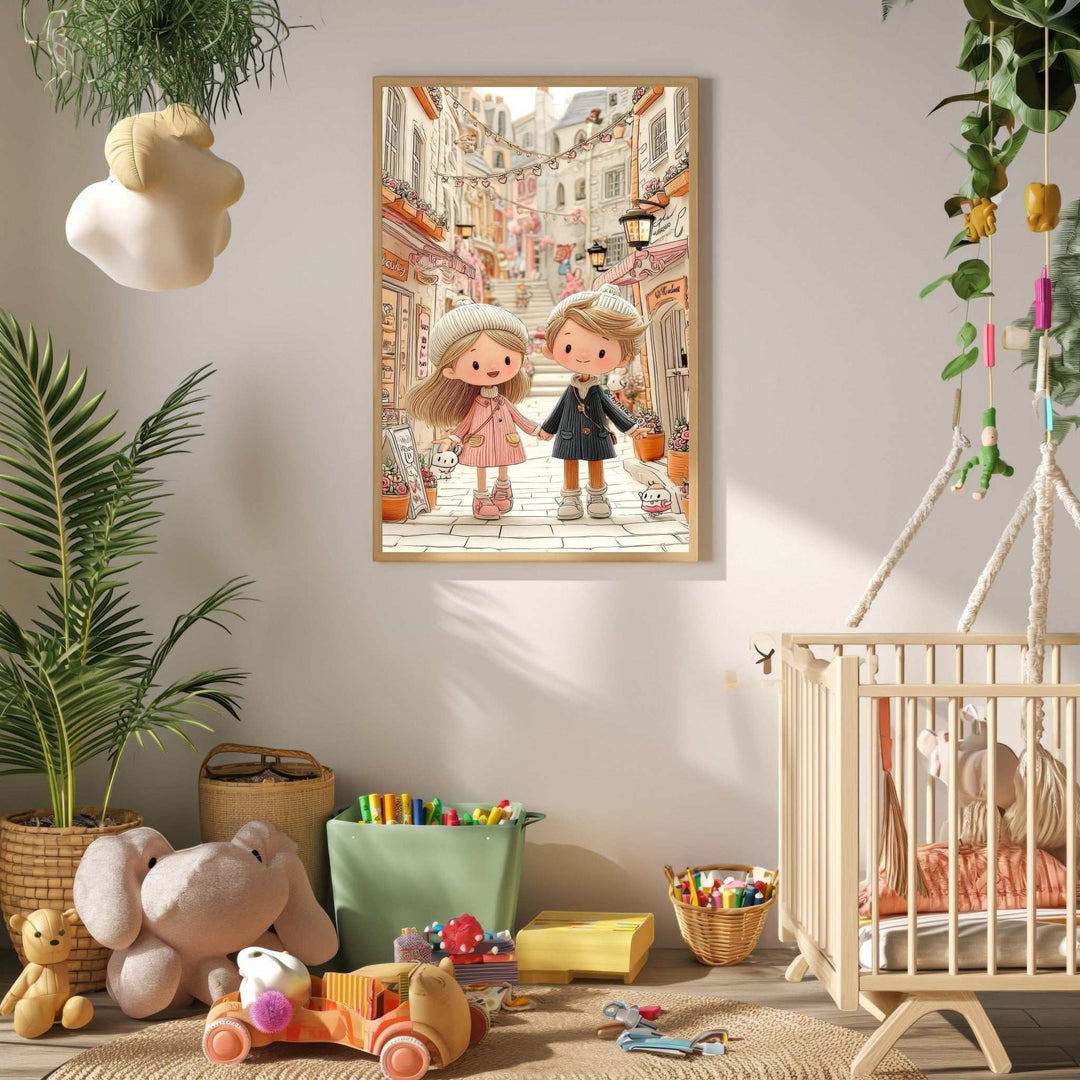 Wadi Home charming illustration of a young couple holding hands walking down a European cobblestone street. Soft colors, storybook style.