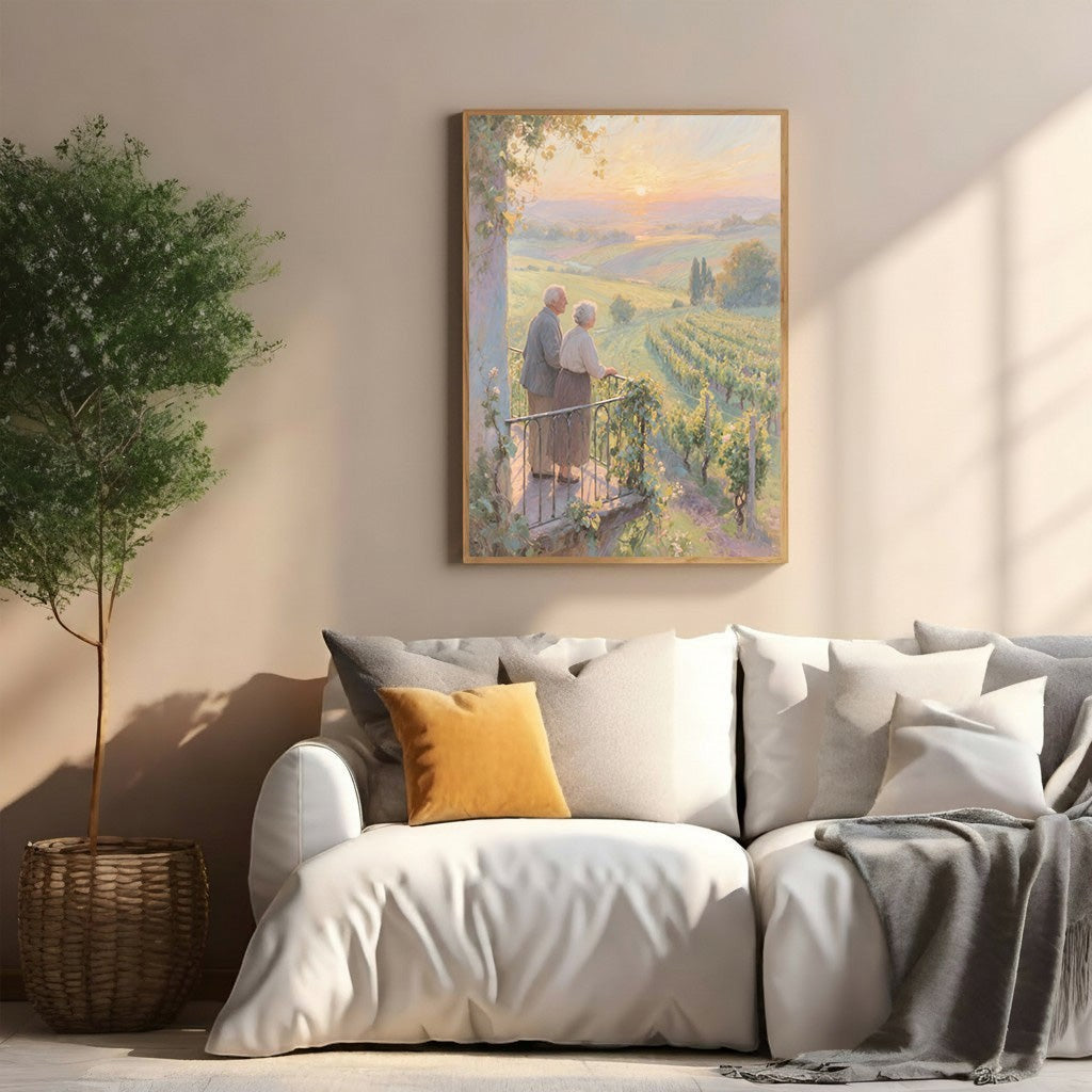 Wadi Home couple embracing on balcony overlooking vineyard at sunset, warm tones, painterly style.
