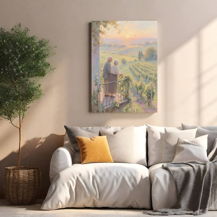 Wadi Home couple embracing on balcony overlooking vineyard at sunset, soft painterly style.