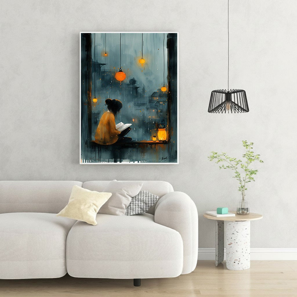 Wadi Home cozy reading nook wall art, woman reading by window on rainy night with lanterns