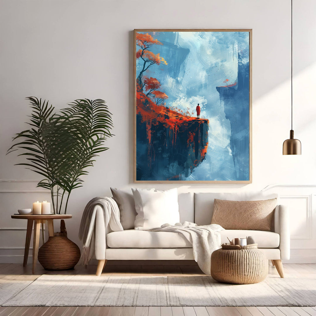 Wadi Home Crimson Cliffside Vista canvas art with lone figure on cliff overlooking misty expanse. Abstract landscape painting.