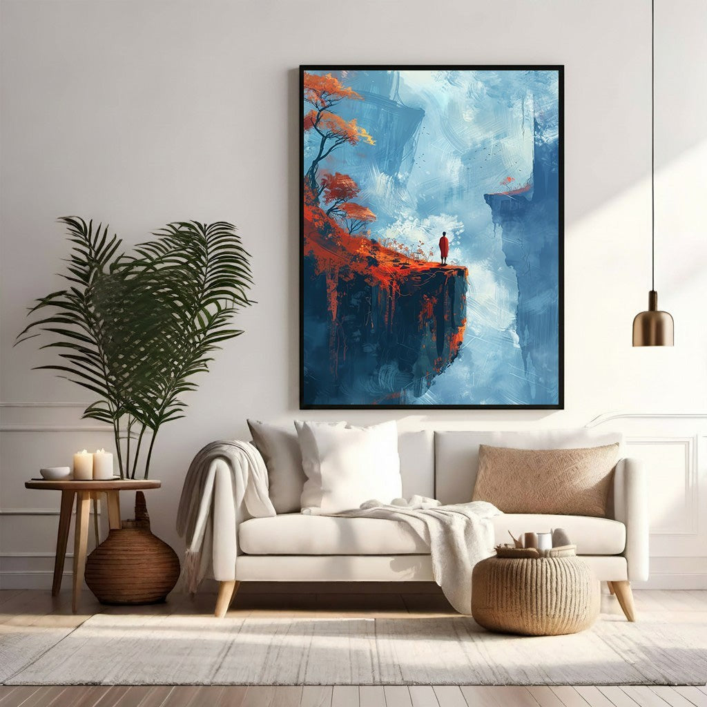 Wadi Home Crimson Cliffside Vista Wall Art, abstract landscape with figure on cliff edge, bold colors, framed canvas.