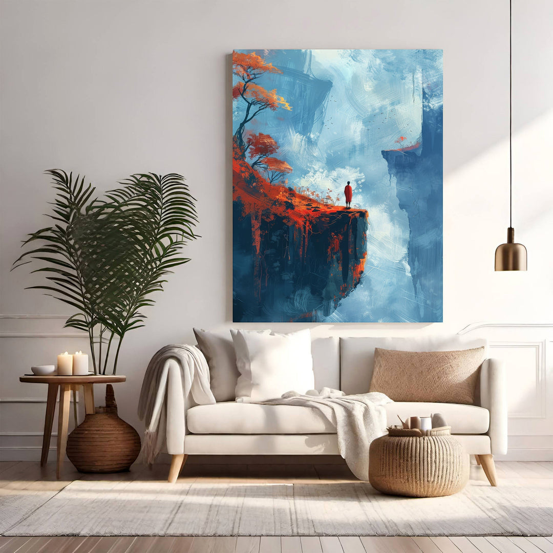 Wadi Home Crimson Cliffside Vista Wall Art: abstract landscape painting of a figure on a crimson cliff overlooking a misty expanse.