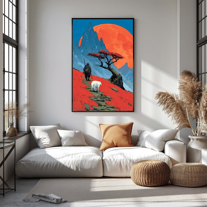 Wadi Home crimson landscape wall art with wanderer and white wolf against jagged mountains and orange sun.
