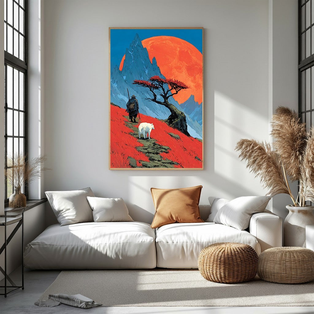 Wadi Home Crimson Landscape With Wolf And Wanderer wall art. Features a lone wanderer and white wolf on red terrain, jagged mountains, and orange sun.