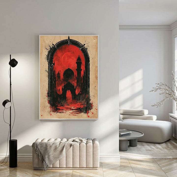 Wadi Home Crimson Moon Over Ancient Cityscape artwork with watercolor textures and ink strokes. Features a red moon over a black silhouetted city with minarets and dome.