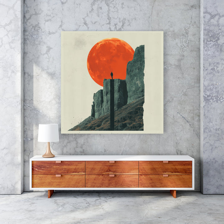 Wadi Home 'Solitude Under The Crimson Moon' artwork: lone figure silhouetted on mountain peak under large crimson moon.