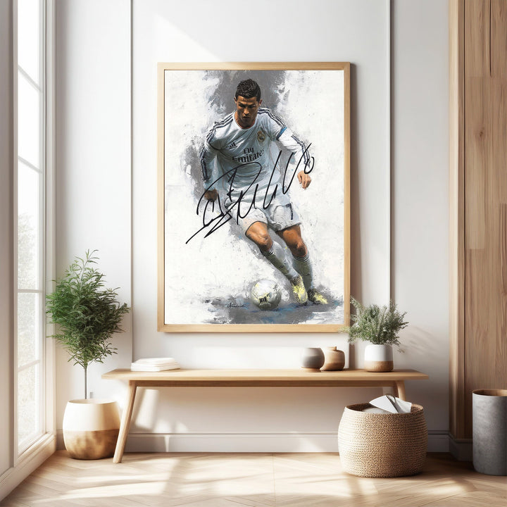 Wadi Home Cristiano Ronaldo action shot art print in white kit, painterly style, framed.
