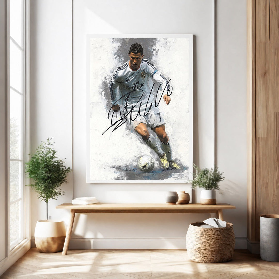 Wadi Home Cristiano Ronaldo action shot art print, white kit, painterly style, signed.