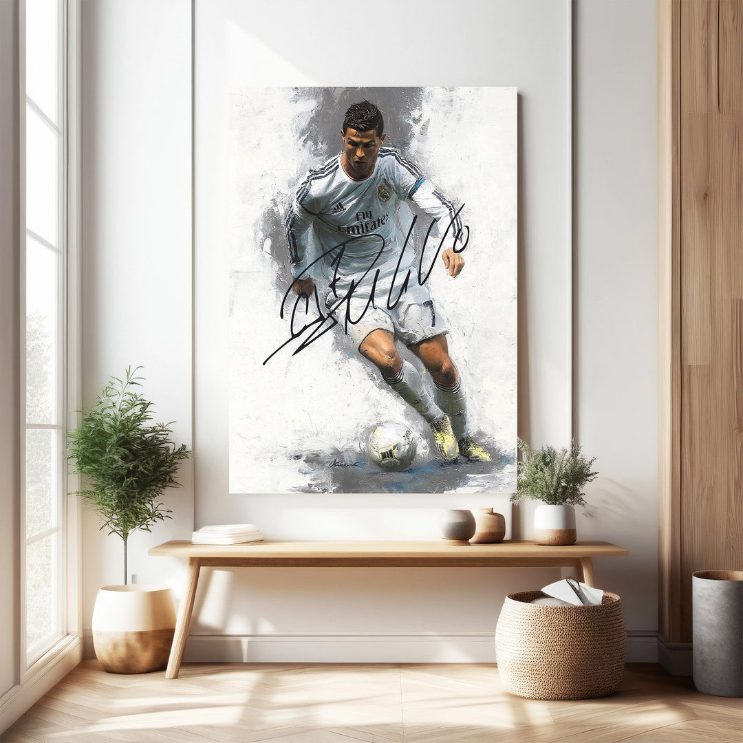 Wadi Home Cristiano Ronaldo action shot art print, white kit, painterly style, signed.