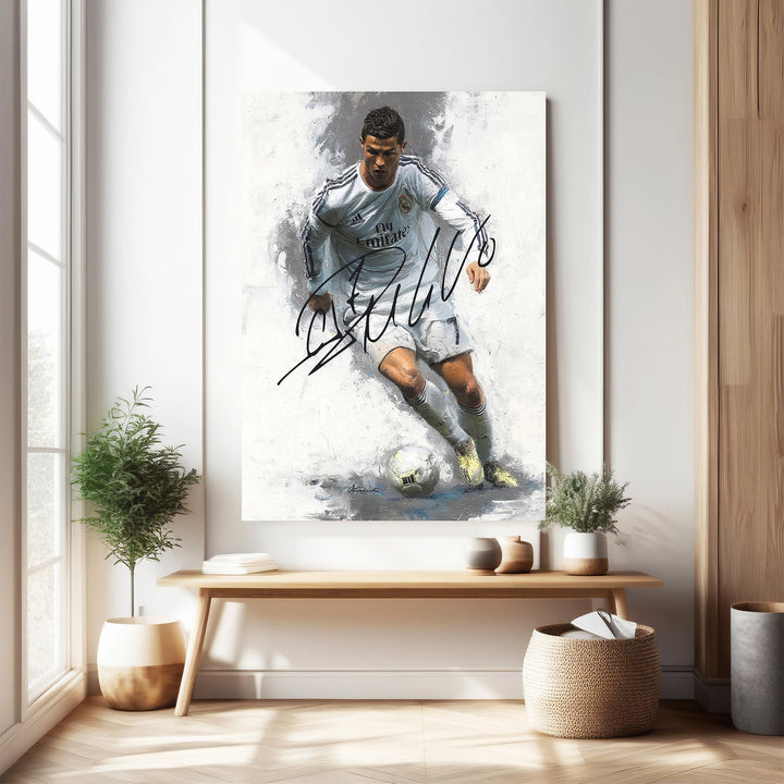 Wadi Home Cristiano Ronaldo action shot art print, white kit, painterly style, signed.