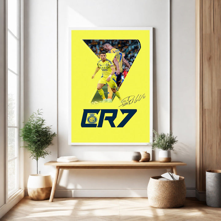 Wadi Home Cristiano Ronaldo CR7 football player poster with yellow background and blue CR7 graphic. Features dynamic action shot.