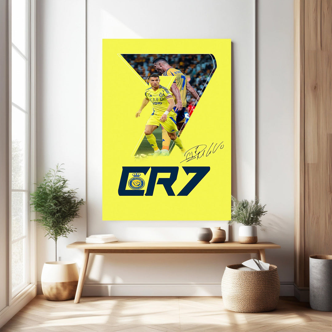 Wadi Home Cristiano Ronaldo CR7 football player poster with dynamic action imagery and bold CR7 graphic on a vibrant yellow background.