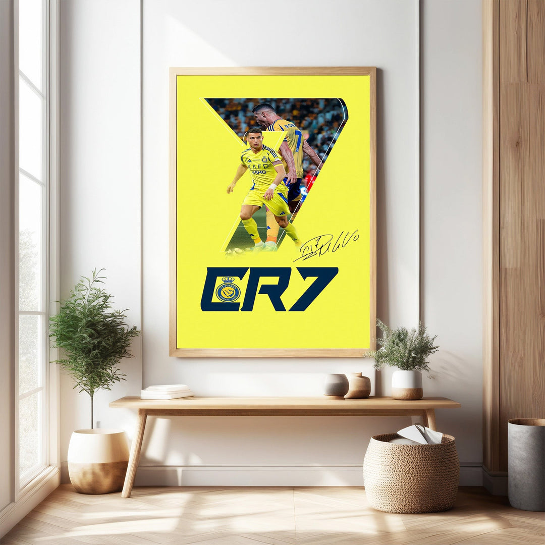 Wadi Home Cristiano Ronaldo CR7 football player poster with dynamic action imagery and bold CR7 graphic on a vibrant yellow background.
