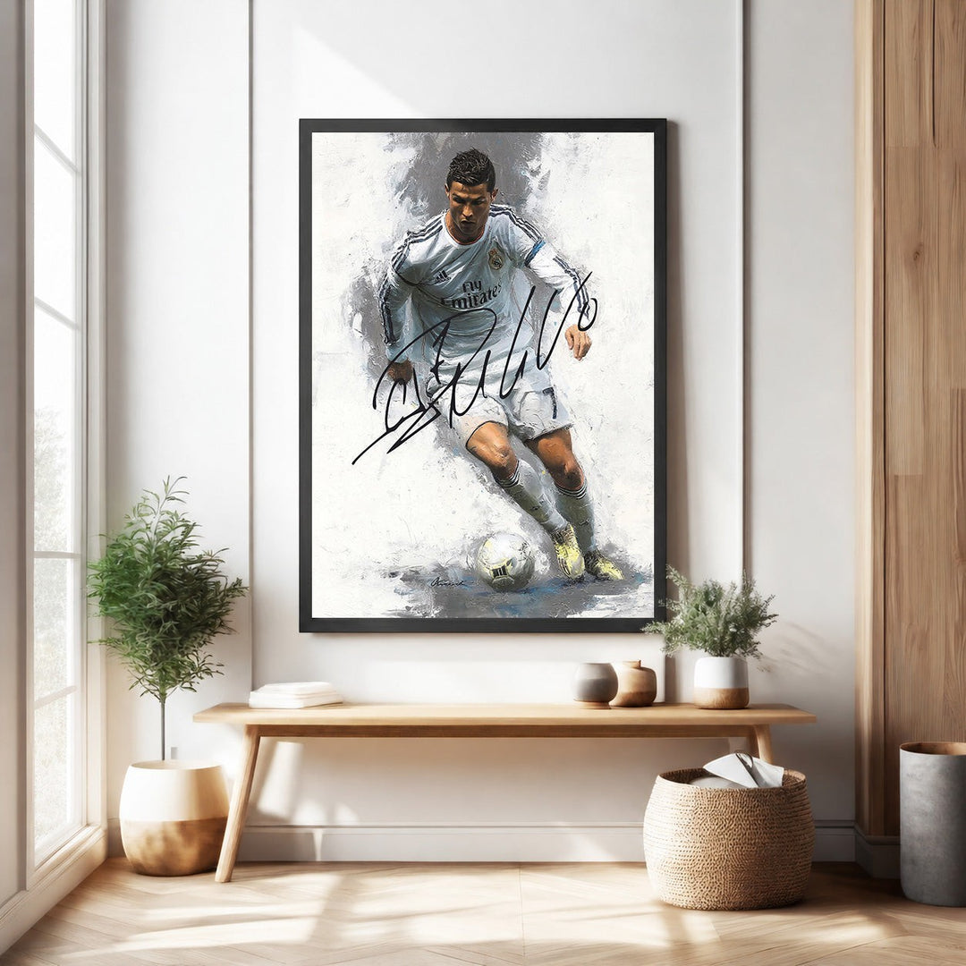 Wadi Home Cristiano Ronaldo action shot art print in white kit, painterly style, signed.