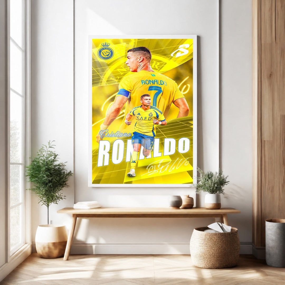 Wadi Home Cristiano Ronaldo football player poster in yellow and blue kit, dynamic action pose, signed.