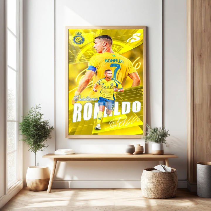 Wadi Home Cristiano Ronaldo football player poster in yellow and blue kit, dynamic action pose, signed.