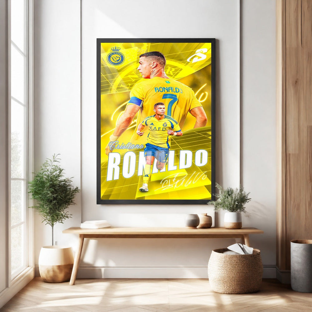 Wadi Home Cristiano Ronaldo football poster featuring the player in a yellow and blue kit. Dynamic artwork for sports fans.