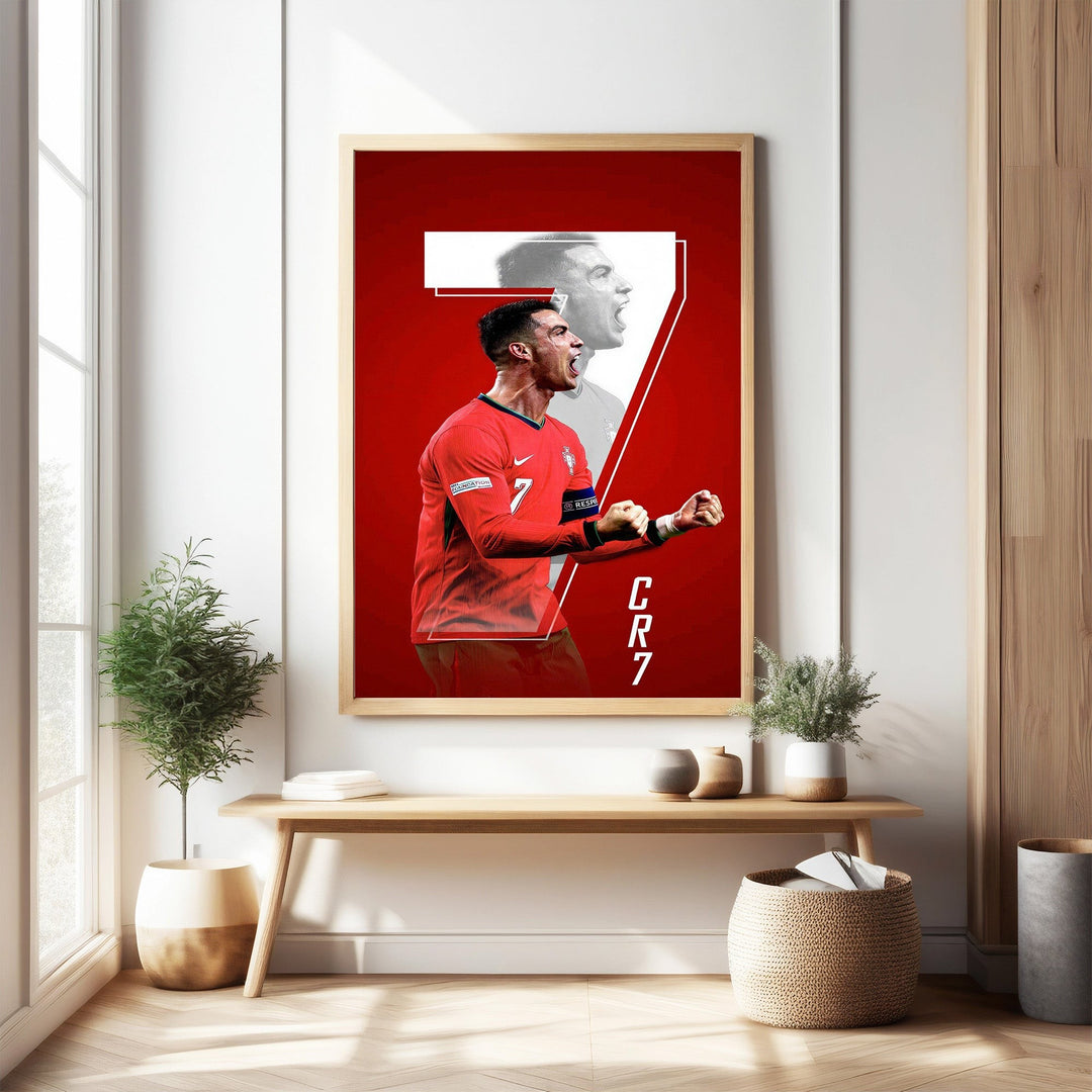 Wadi Home Cristiano Ronaldo CR7 football player poster in red kit, dynamic action pose, high-quality print.