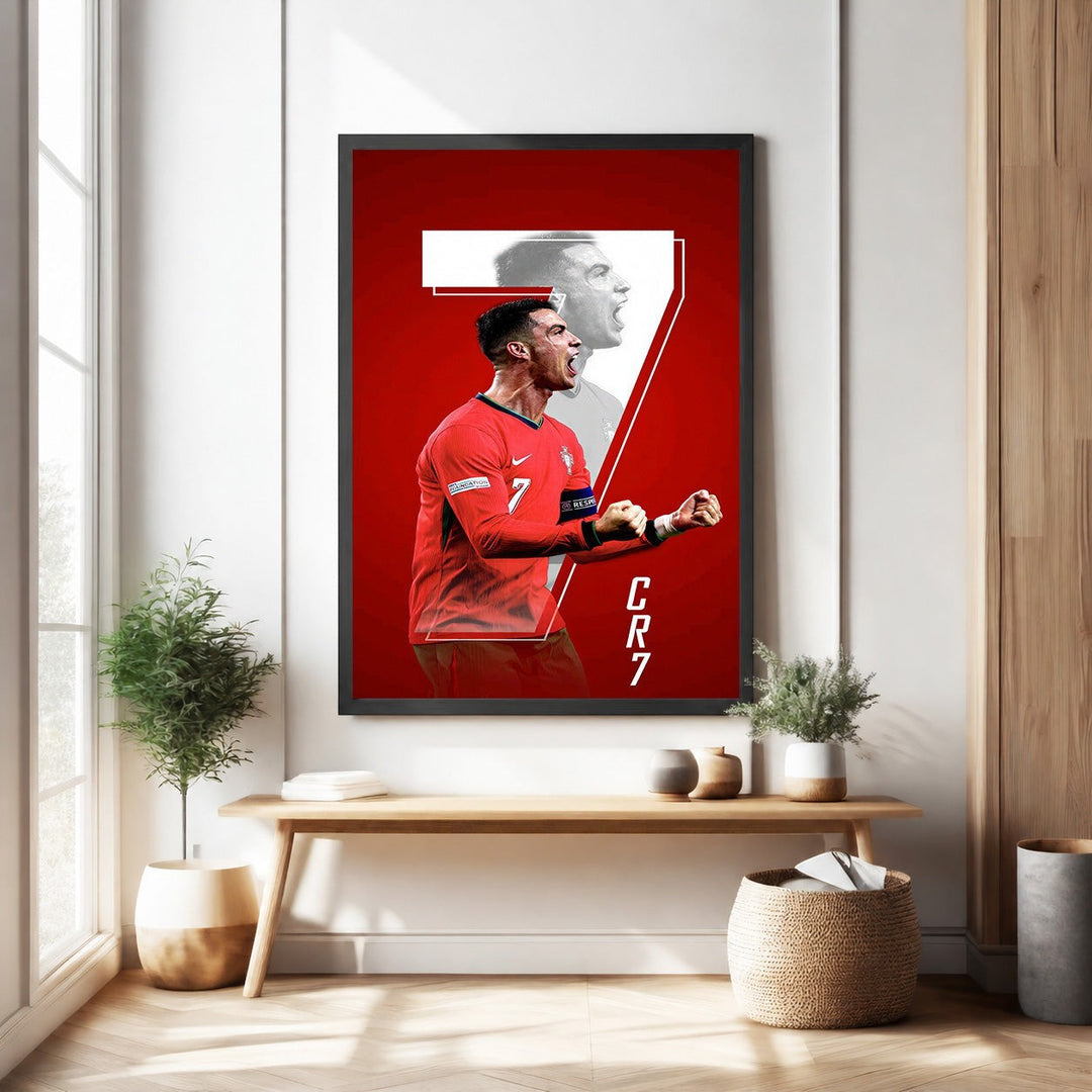 Wadi Home Cristiano Ronaldo CR7 football player poster in red kit, dynamic action pose, vibrant artwork for sports fans.