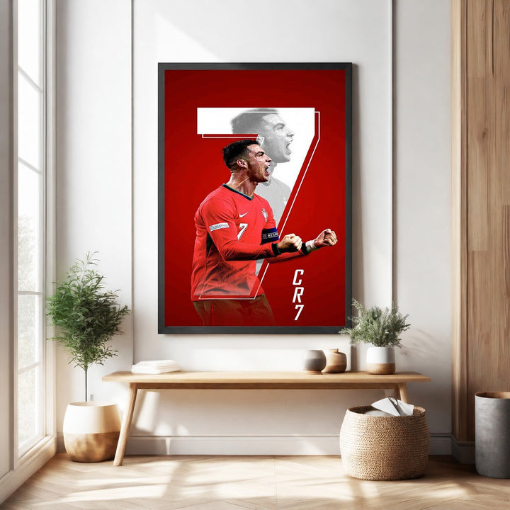 Wadi Home Cristiano Ronaldo CR7 football player poster in red kit, dynamic action pose, vibrant artwork for sports fans.