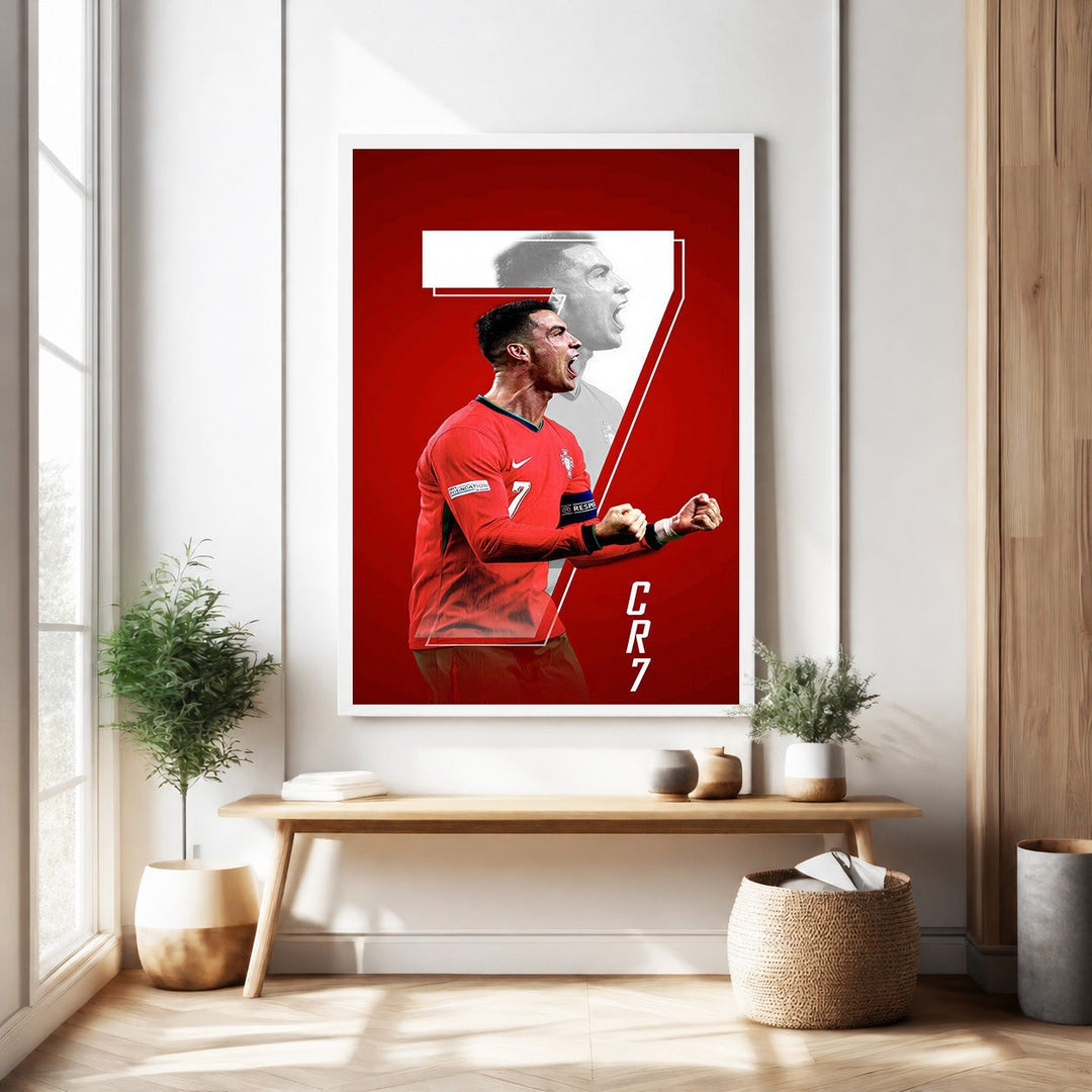 Wadi Home Cristiano Ronaldo football player poster in red kit, CR7 graphic art, dynamic pose, high-quality print.