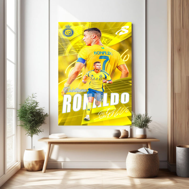 Wadi Home Cristiano Ronaldo football poster in yellow and blue kit, dynamic action pose, iconic player.
