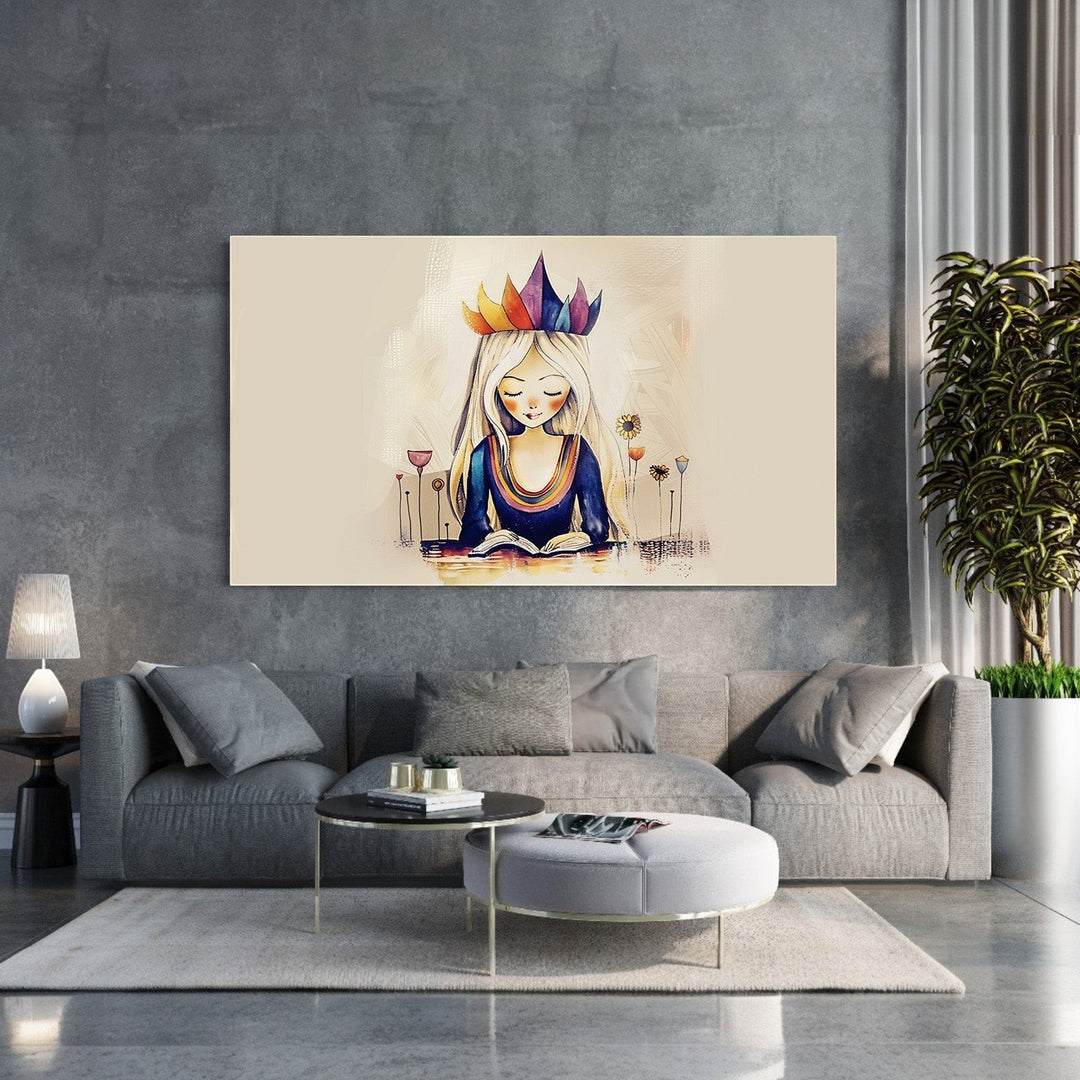 Wadi Home crowned reader wall art, watercolor style, young girl with colorful crown reading a book, serene and imaginative decor.