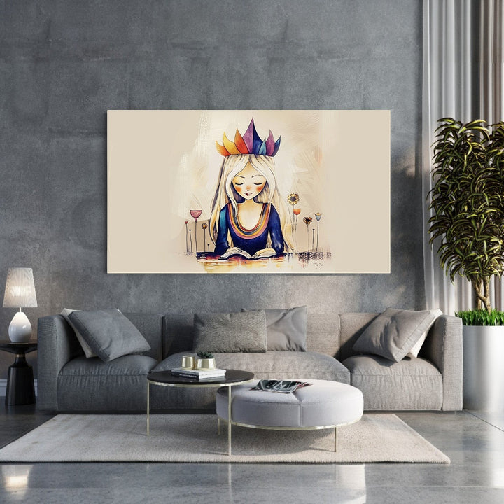 Wadi Home crowned reader wall art, watercolor style, young girl with colorful crown reading a book, serene and imaginative decor.