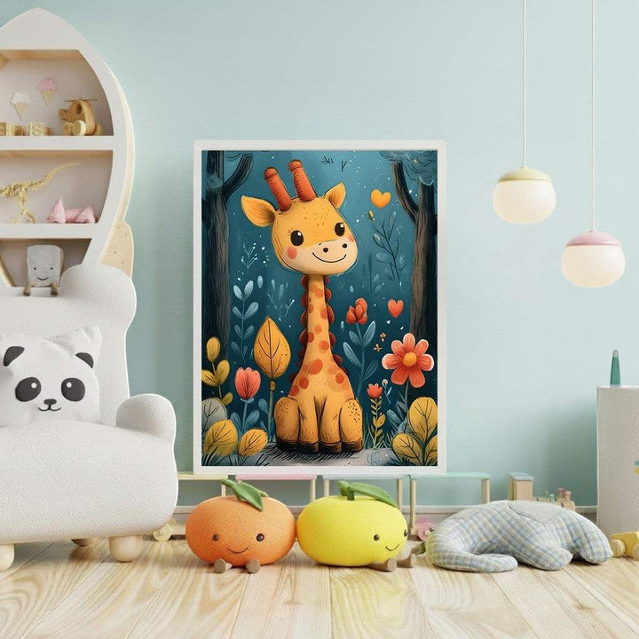 Wadi Home cute giraffe illustration with orange flowers and green foliage in a dark forest setting, framed or canvas print for nursery decor.