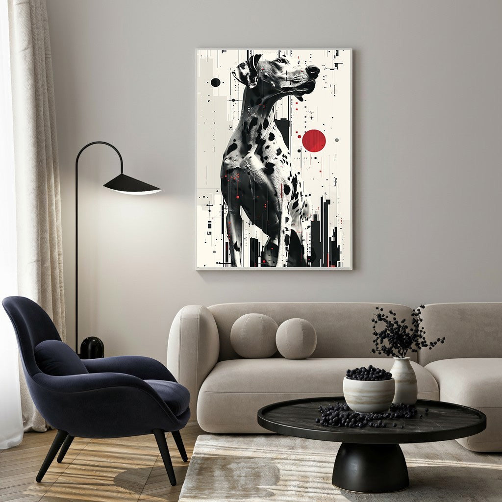 Wadi Home Dalmatian abstract art print, monochrome with red accents, featuring a dog against cityscape graphics.