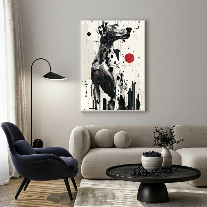 Wadi Home Dalmatian abstract art print, monochrome with red accents, featuring a dog against cityscape graphics.