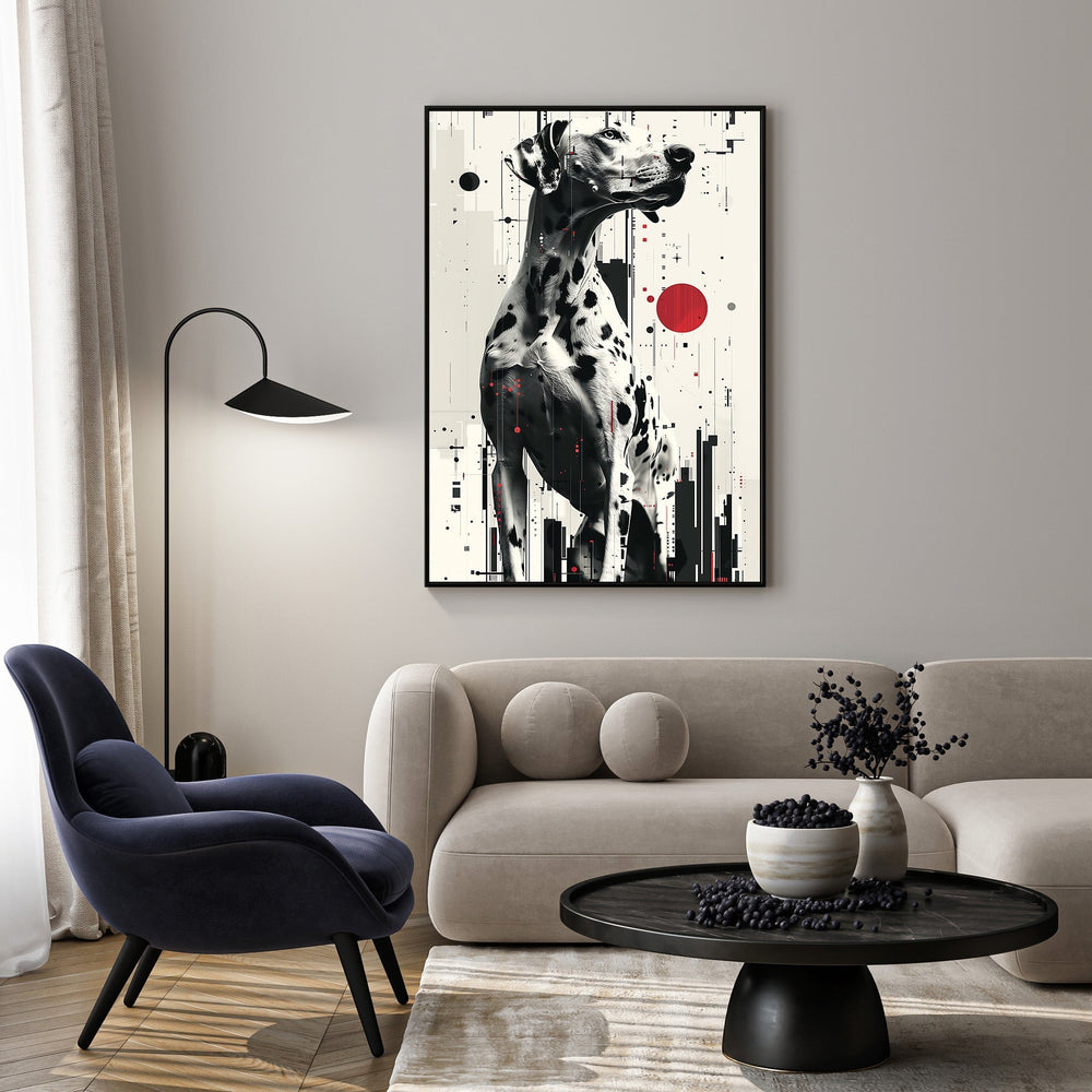 Wadi Home Dalmatian abstract art print with monochrome palette and red accents, featuring a graphic dog portrait against cityscapes.