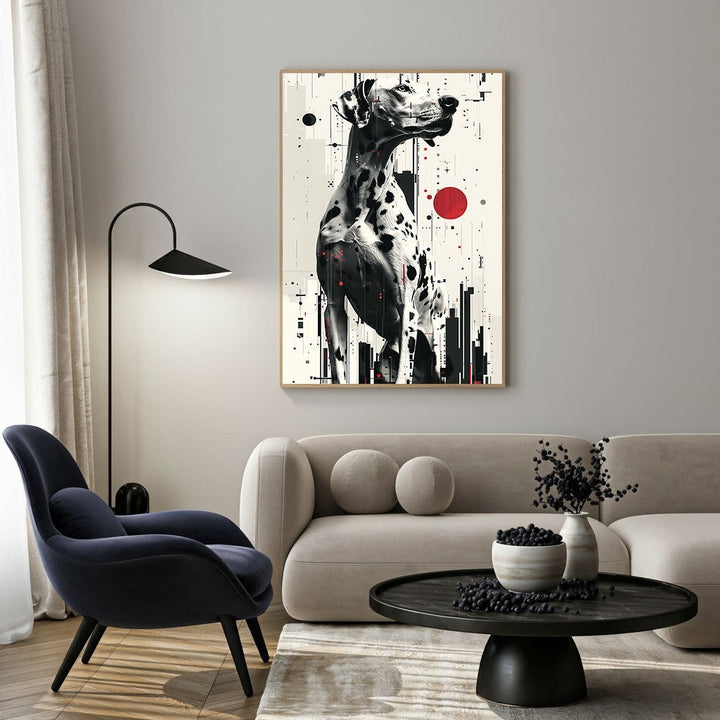 Wadi Home abstract Dalmatian art print with red accents and cityscape graphic. Monochrome dog art.