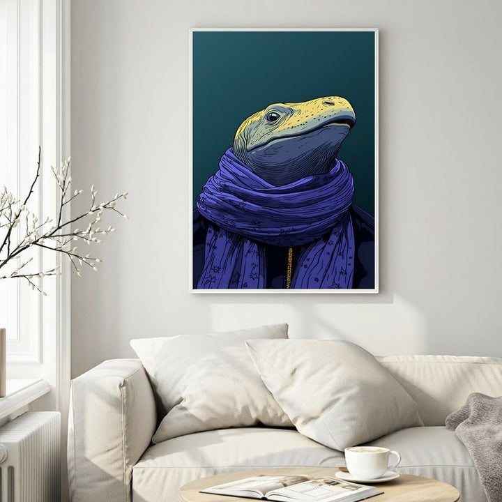 Wadi Home Dapper lizard wearing a purple scarf and jacket against a teal background. Quirky wall art.