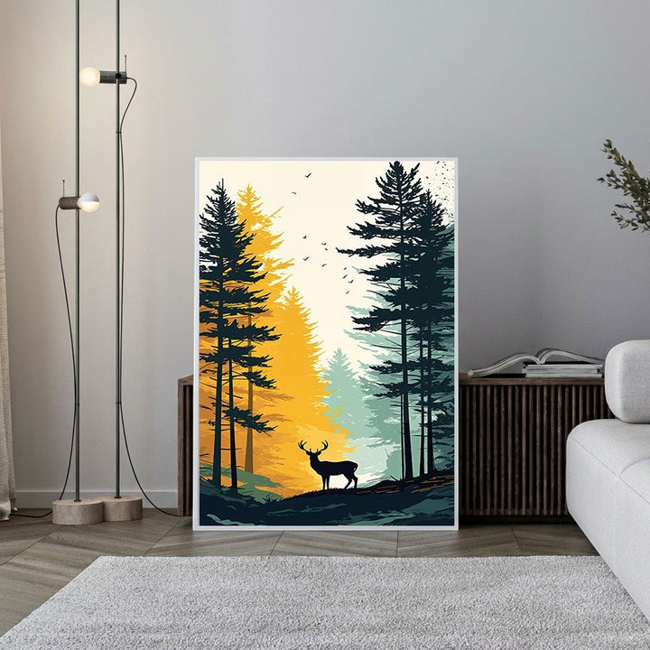Wadi Home Majestic Deer In Forest Landscape Wall Art. Silhouette of a deer in a forest with yellow and green trees.