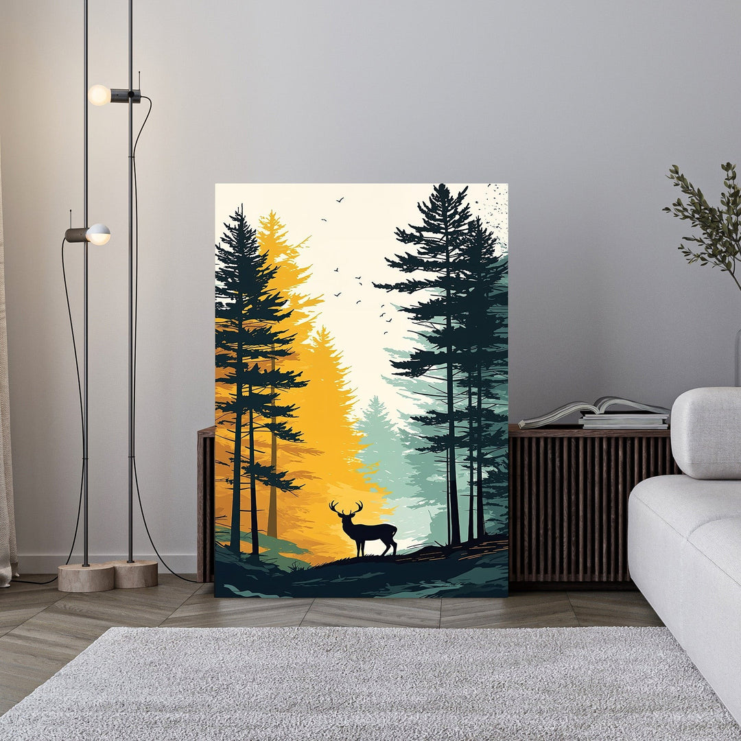 Wadi Home minimalist flat design wall art of a deer in a forest with yellow and teal pine trees.