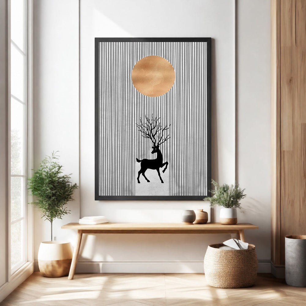 Wadi Home Deer Silhouette Wall Art with sun and vertical lines, black and gold.