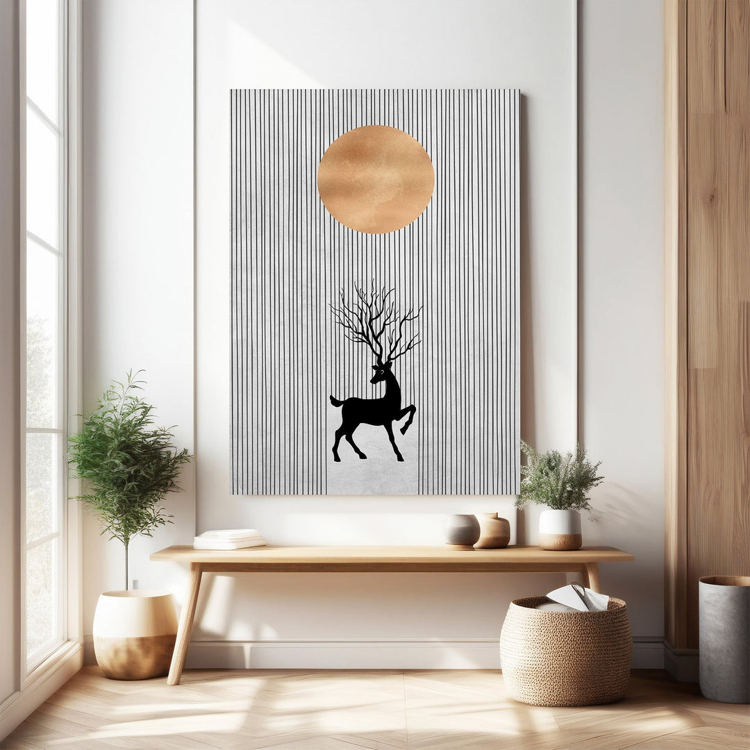 Wadi Home Deer Silhouette Wall Art with sun and vertical lines, black and metallic gold