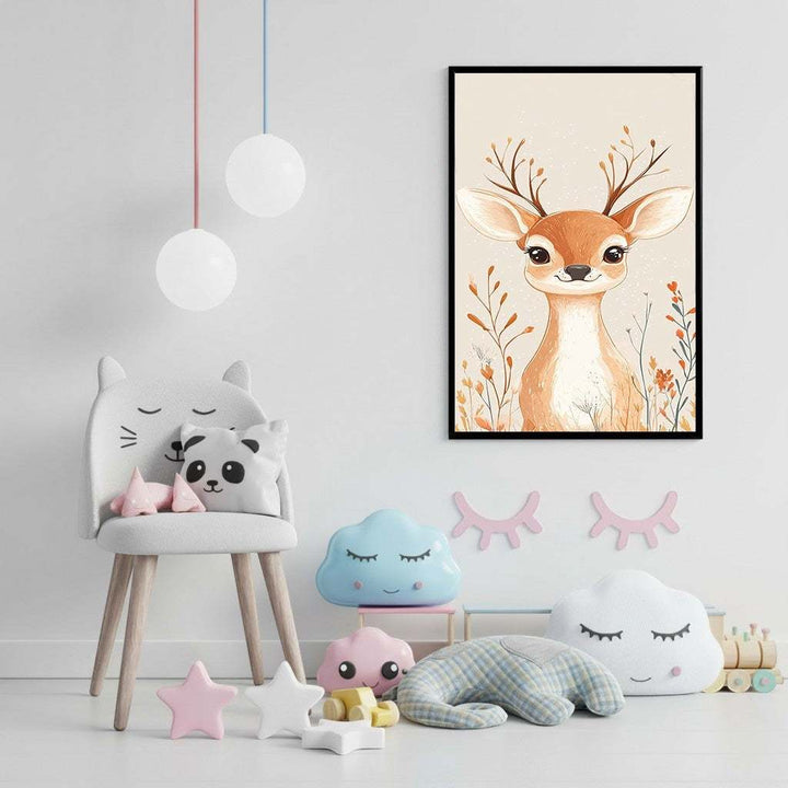 Wadi Home whimsical deer woodland nursery art print with autumn foliage. Gentle colours and endearing subject.